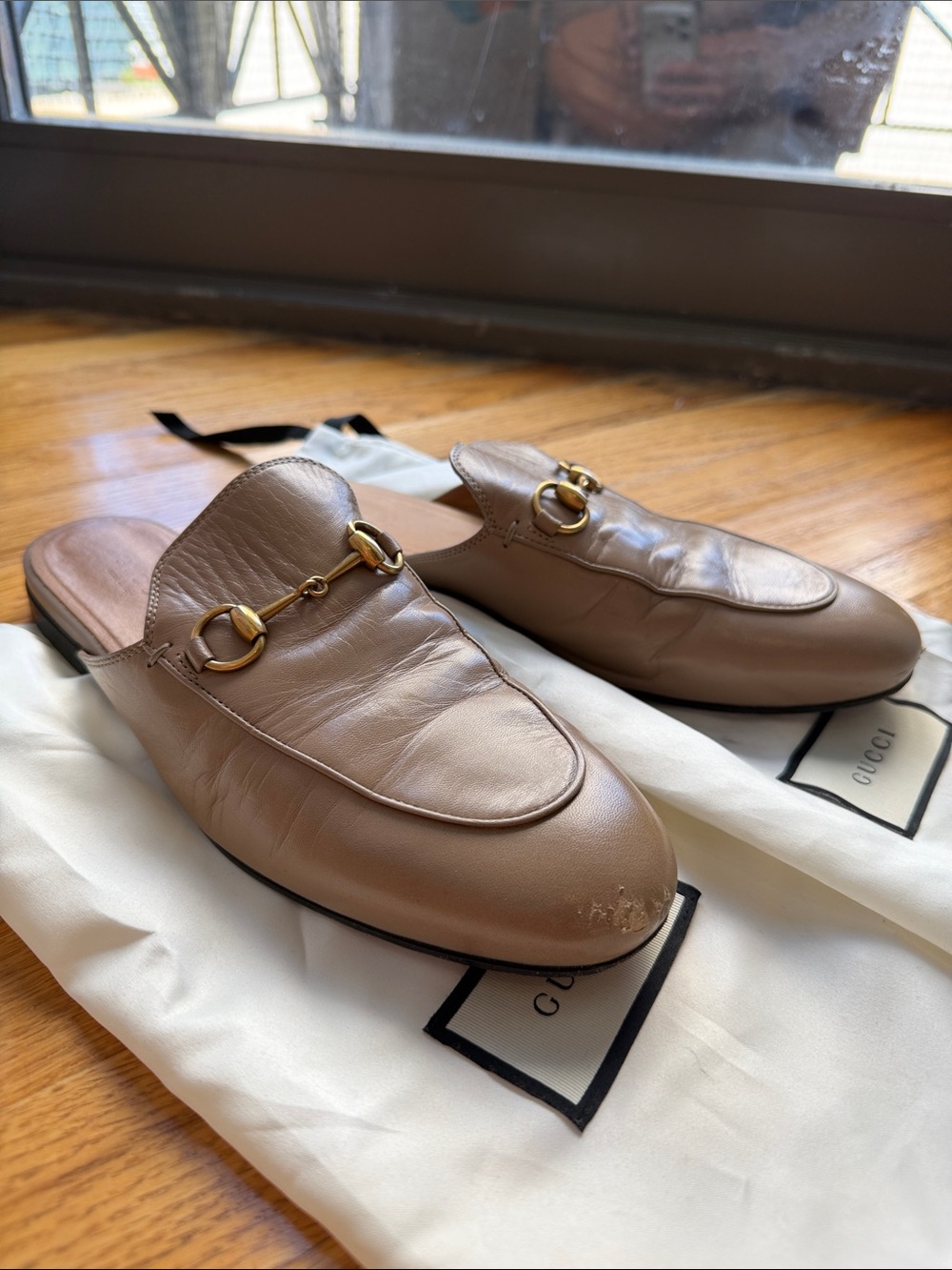 Gucci Taupe Leather Horsebit Backless Mules